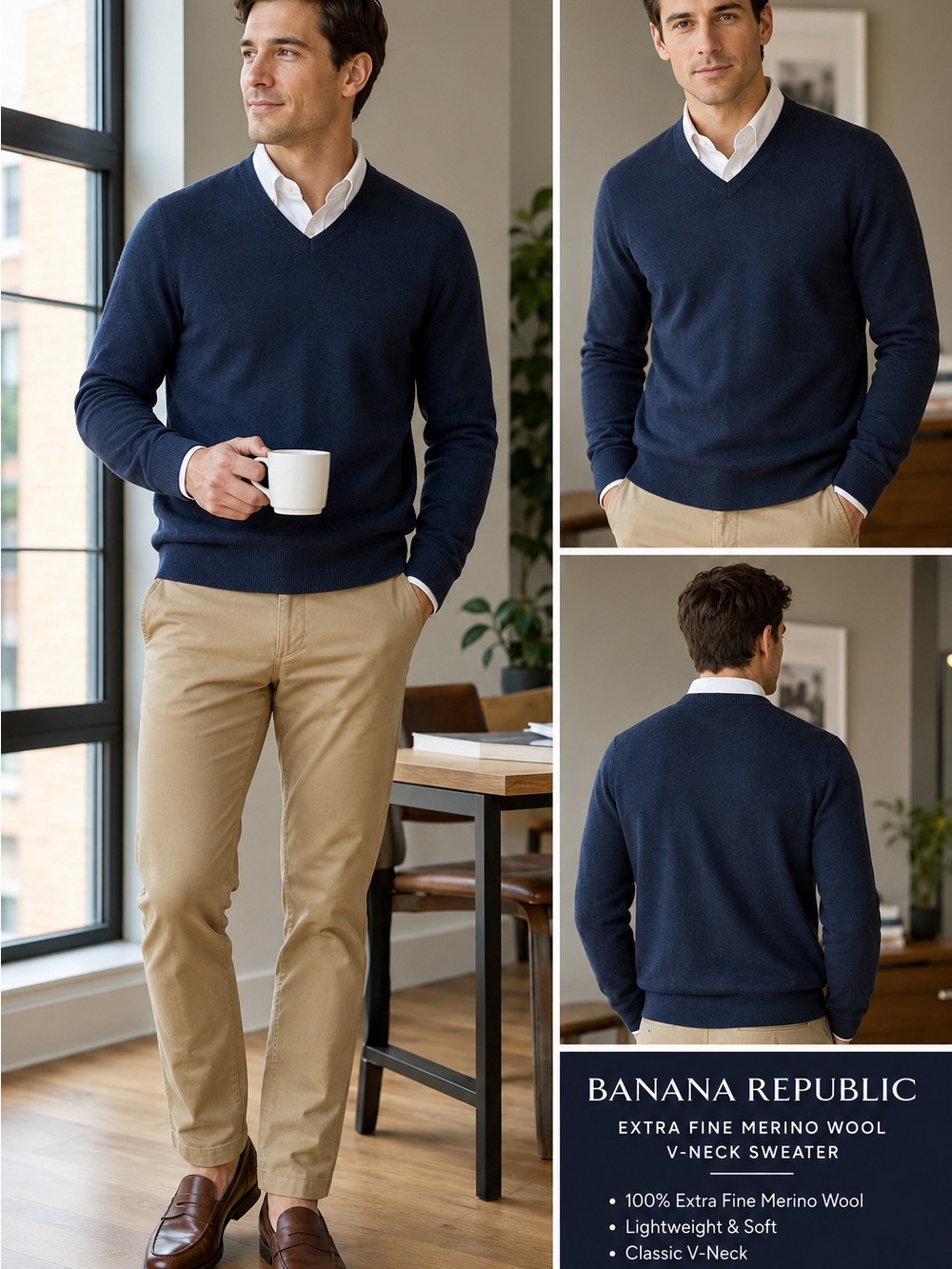 Banana Republic Extra Fine Merino Wool V-Neck Sweater Navy Men’s Medium NWOT